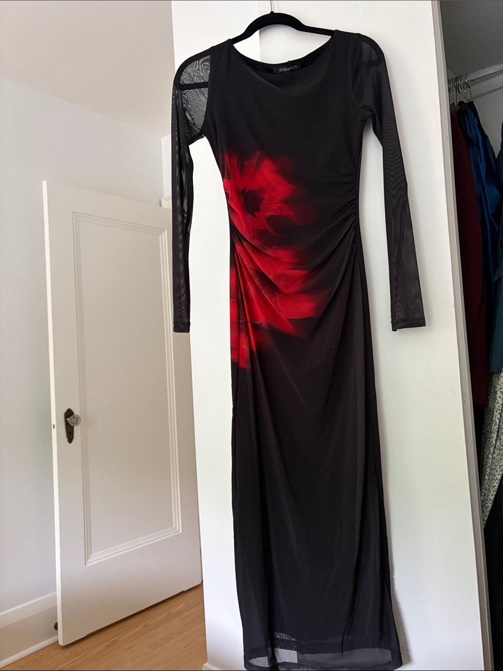 Black Long-Sleeve Dress with Red Floral Detail